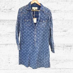 Ryan Michael Casual Blue Geometric Print Long Sleeve Shirt Dress